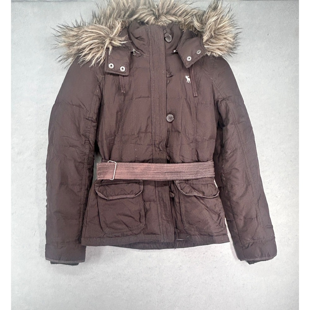 Abercrombie & Fitch Brown Belted Down Puffer Parka Faux Fur Hood Medium RN75654